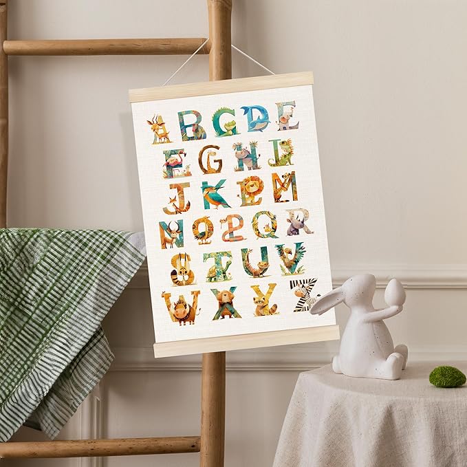 Koesus Wild Animal Alphabet Wall Art Poster Hanger Frame 12x16 Inch, ABC Alphabet Educational Canvas Pictures Prints Framed Wall Decor for Classroom Toddler Kids Room Nursery Preschool Playroom