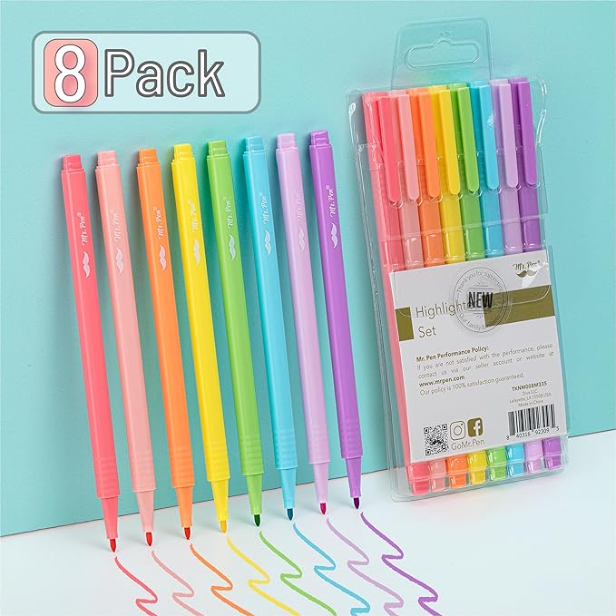 Mr. Pen- Highlighters, 8 Pack, Fine Tip, Pastel Colors, Cute Highlighters