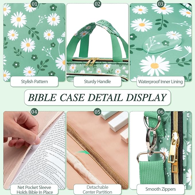 Bible Cover Case for Women, Large Bible Bag w/Shoulder Strap, Bible Study Supplies Journaling Kit Book Carrying Case with Pastel Highlighters 75 Tabs, Valentines Day Christian Gifts for Women Her Mom