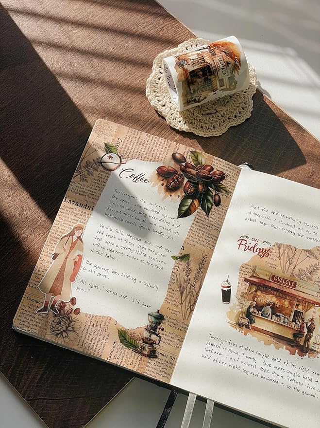 WT Caffeine Canvas Wide Washi Tape, Single Roll, Original Designs, Watercolor Vintage Cafe Paper Tape, Coffee Theme for Journals, Scrapbooks, Bujo Planners, DIY Crafts Supplies