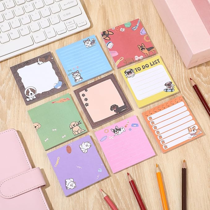 9 Pads Dog Sticky Notes 3x3 Inch Cute Self Stick Notepads Notes Adhesive Memo Pad Office Decor Gifts for Students School Teacher Meeting Office Supplies