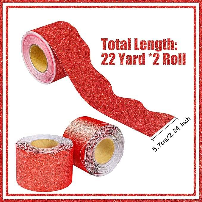 131 Ft Red Glitter Bulletin Board Borders Red Scalloped Bulletin Board Trims Shiny Decorative Border Trims Sparkle Self-Adhesive Border Stickers for Classroom School Home Office Blackboard Desk