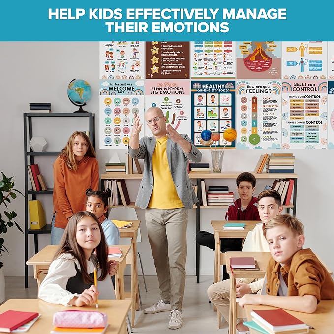 Decorably 15 Social Emotions Poster for Classroom, 11x17in Educational, Matte-Laminated Chart for Kids - School Hallways, Bulletin Boards, Home Study Room