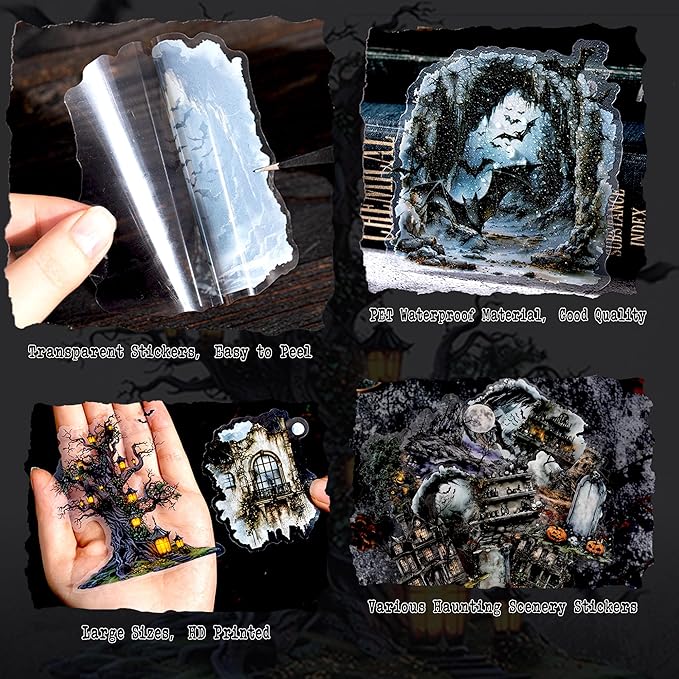 Vintage Scrapbook Goth Stickers for Scrapbooking, 60Pcs Large Transparent PET Halloween Stickers for Adults Journaling, Junk Journals Supplies, Collage, Scrap Book, Art Crafts