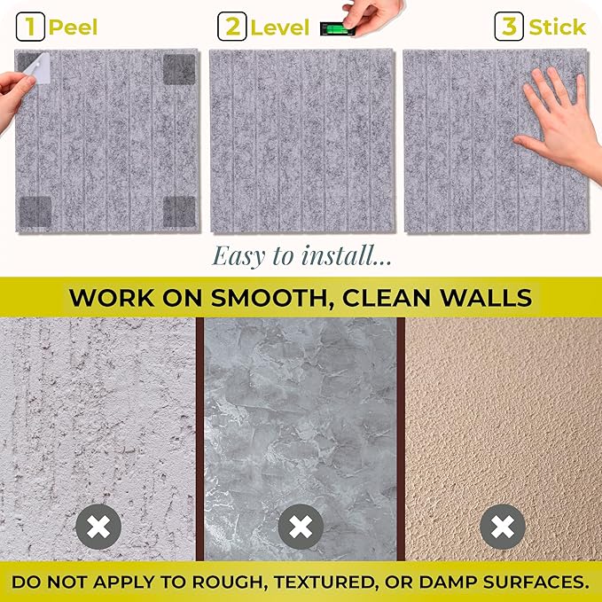 Felt Bulletin Board Tiles – 12x12 Inch Cork Wall Panels, Pack of 12, Covers 36x48 Inches, 50 Adhesive Tabs and Bubble Level, Polyester Material – Silver Gray