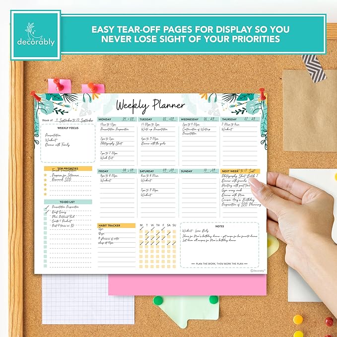 Decorably 52 Sheets Mint Green Undated Weekly Planner Notepad - 6.5x10in Spring-Bound Pad, for Focus, Priorities, to-Do List, Habit Tracker, Agenda, Notes - Home, School, Office