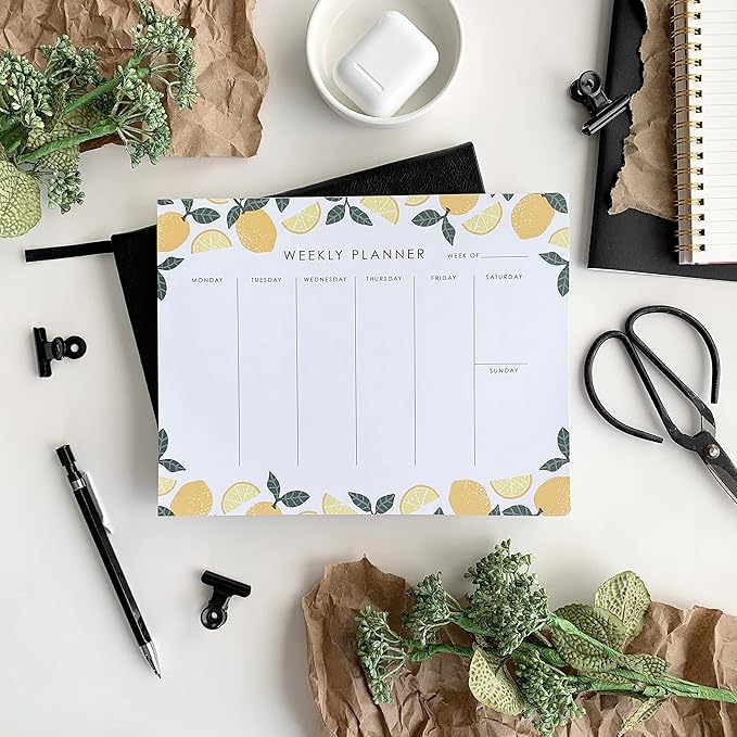Weekly Planner Notepad - 9x7” inches, 52 tear off sheets - Undated Desk Planner Pad Calendar Notepad Organizer for Weekly To Do List, Notes and Schedule (Lemons)