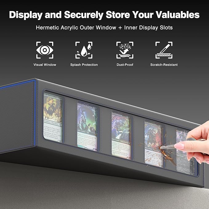 Kabinka Trading Card Storage Box with Handle & Mechanical Latch,5-Row 3900+ Commander MTG Card Case with Sealed Display Window,Top loaders Organizer Deck Box for MTG/TCG/PTCG/Sports Cards (Black Blue)