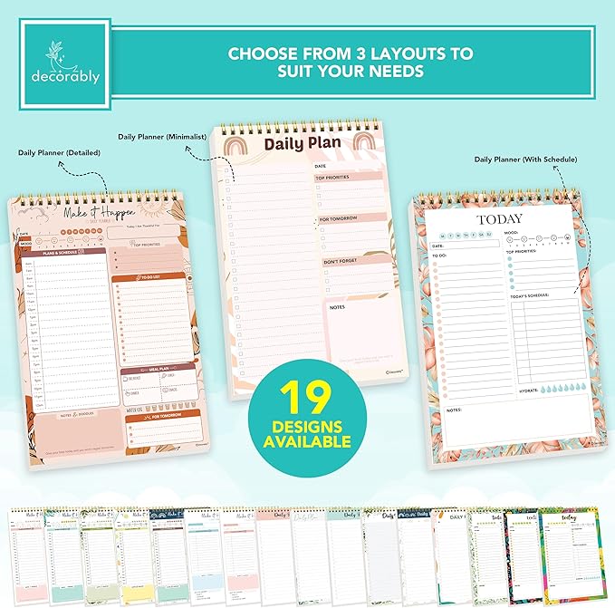 Decorably 52 Sheets Boho Undated Daily to Do List Notepad, 6.5x10in Spring-Bound Planner Pad, Easy Tear-Off Design, with Priorities, Checklist, Agenda, Reminders, Notes - Home, School, Office