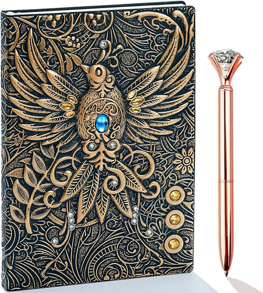 Vintage 3D Phoenix Embossed Leather Writing Journal with Diamond Pen Set,A5,200Pages,Antique Handmade Daily Notepad Sketchbook,Travel Diary&Notebook to Write in,for Women Men