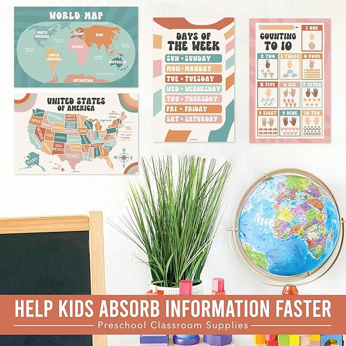 Hadley Designs 16 Educational Posters for Classroom Decor - Learning Posters for Toddlers 1-3, Alphabet for Classroom Wall, Daycare Essentials, Homeschool Posters Preschool, Retro Playroom Decor