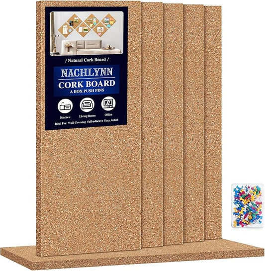 NACHLYNN Cork Board 6 Pack 17 x 8 Square Bulletin Board for Wall Self-Adhesive Corkboards with 100 Push Pins Frameless Cork Tiles for Walls Home Office