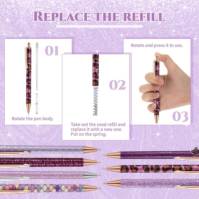 Sherr 7 Pcs Fancy Pens for Women Cute Sparkly Glitter Pens with 10 Pcs Black Ink Refills Pretty Gifts for Girls Office School Christmas Graduation(Stylish)
