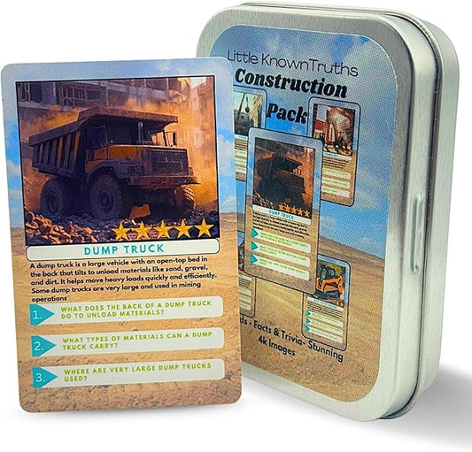 Construction Vehicle Trivia Flash Cards for Kids Ages 3+ | Educational Learning Cards with Trucks & Machines, STEM Fact Cards in Metal Tin, Screen-Free Travel Toy