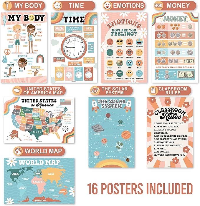 Hadley Designs 16 Educational Posters for Classroom Decor - Learning Posters for Toddlers 1-3, Alphabet for Classroom Wall, Daycare Essentials, Homeschool Posters Preschool, Retro Playroom Decor