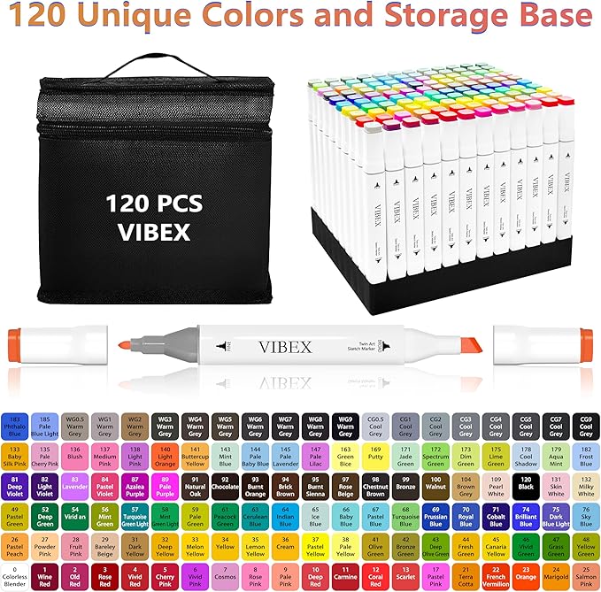 VIBEX 120 Colors Alcohol Markers with Base Dual Tip Drawing Markers for Adult and Kids Comics Coloring Sketching Illustration - Refillable (120 White)