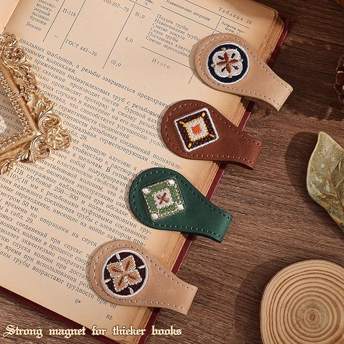 4PCS Vintage Magnetic Leather Bookmark, Leather Magnetic Bookmarks for Women, Magnetic PU Bookmarks Clip Book Accessories, Embroidery Pattern