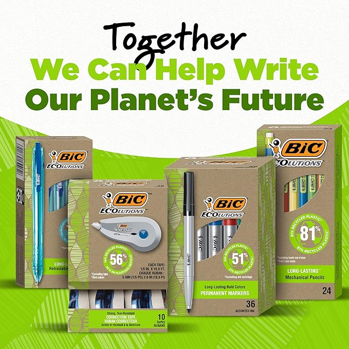 BIC Ecolutions Round Stic Ballpoint Pens, Medium Point (1.0mm), 50-Count Pack, Red Ink Pens Made from 97% Recycled Plastic
