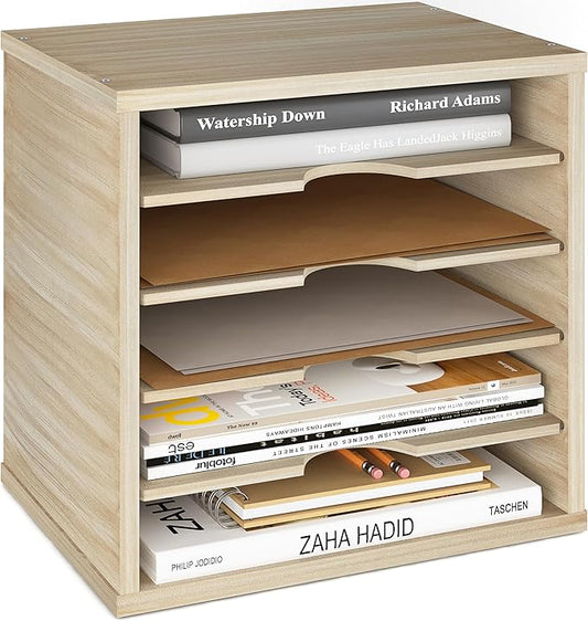 Ballucci Wood File Organizer Paper Sorter, 5 Tier Adjustable Shelves Office Desk Organizer 13 5/8" x 9 1/4" x 12", Brushed Wood