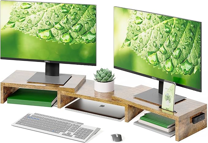 BONTEC Dual Monitor Stand Riser with Smartphone Holder, Adjustable Length & Swivel Angle, Ergonomic Wooden Desktop Organizer for PC Monitor, Laptop, Printer, Large Storage, Rustic Brown
