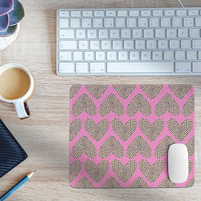 Pink Valentine Hearts Mouse Pad, Pink Cheetah Valentine's Day Desk Pad,Girly Preppy Love Heart Desk Mat for Girls Dorm Home Office Desktop Decor,Valentine's Day Gift,11.8x9.8 Inch