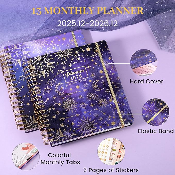 CAGIE 2026 Planner Weekly and Monthly Dec 2025-Dec 2026 Hard cover Calendar Planners with Stickers 26 Planner for Women with Tabs Spiral Bound Yearly Agenda, Purple, 8.3"x9.1"