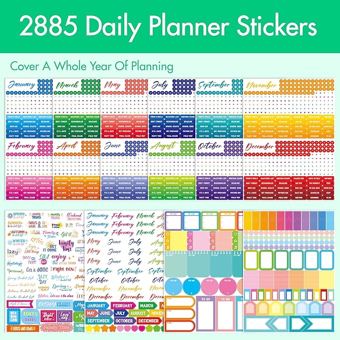 2885 Planner Stickers, Color Coordinating Monthly Functional Stickers Daily Calendar Stickers Aesthetic Note to Do Blank Stickers for Scrapbooks, Planner, Budget, Work, DIY Activity, Diary, Journal