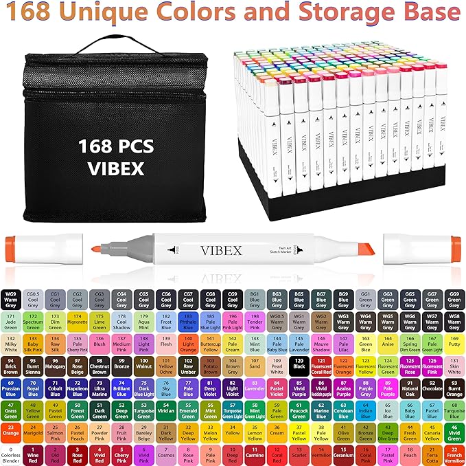 VIBEX 168 Colors Alcohol Markers with Base Dual Tip Drawing Markers for Adult and Kids Comics Coloring Sketching Illustration - Refillable (168 White)