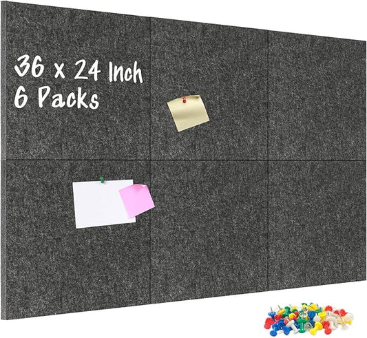 DOLLAR BOSS Felt Cork Board Tiles, 6 Packs 12" x 12" 1/2" Thick Cork Bulletin Board Self Adhesive Corkboards for Walls with 60 Pushpins for Home Office Kitchen School Decor Display, Grey