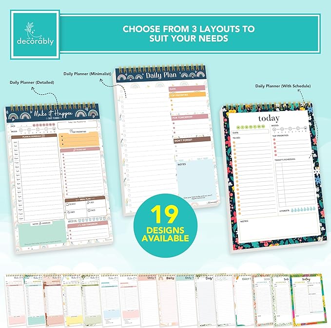 Decorably 52 Sheets Boho Rainbow Undated Daily Planner Notepad, 6.5x10in Spring-Bound, Easy Tear-Off Design, with to-do List, Priorities, Checklist, Agenda, Reminders, Notes - Home, School, Office