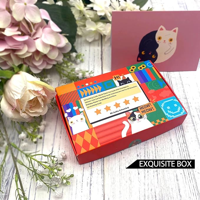 20 Greeting Cards, Blank Thank You Cards With Envelopes Cute Cat Bulk Note Cards Stationery Box Set For All Occasions Birthday Thank You Wedding and More.Cat greeting cards