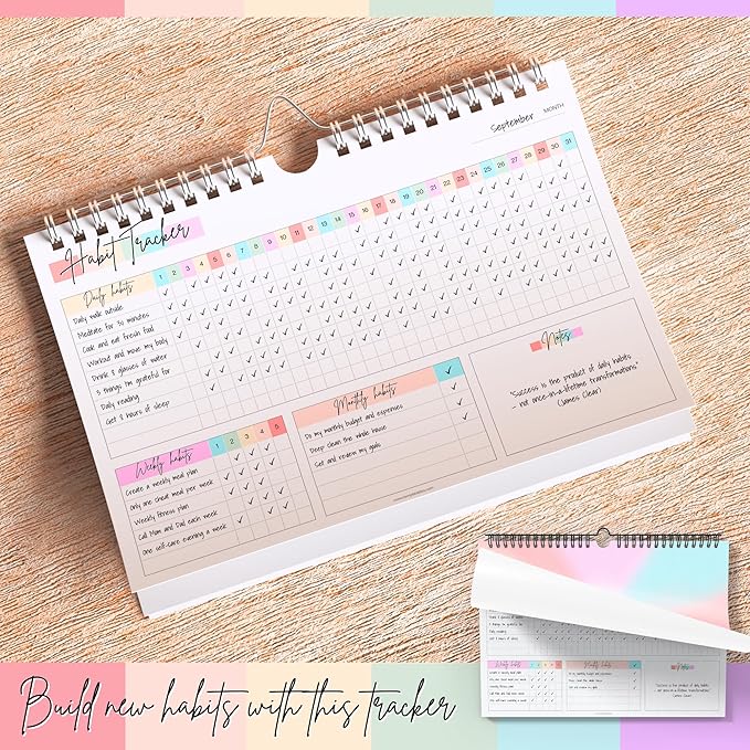 Habit Tracker Calendar – Daily, Weekly & Monthly Habit & Goal Tracker, Wire-Bound Planner with Colorful Design, Premium 250gsm Paper | A5 (Rainbow)