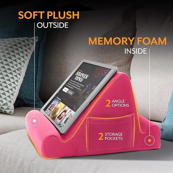 Brookstone Tablet Lap Cushion - Tablet and Phone Holder for Bed, Flights, and Travel, Two Angled Memory Foam Lap Desk for Reading and Hands Free Viewing, Compatible iPad and Kindle Accessories, Pink