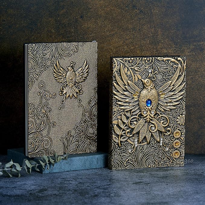Embossed Leather Journal Writing Notebook - Antique Handmade Leather Daily Notepad Sketchbook, Travel Diary & Notebooks to Write in, Phoenix Gift For Men & Women, with Golden Classic Pen, (Bronze)
