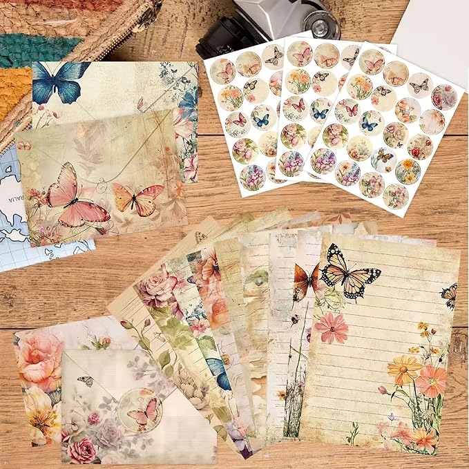 160 Pcs Stationery Paper Set, Nature Vintage Floral Butterfly 50 Stationary Paper 50 Envelopes 60 Round Dot Sticker