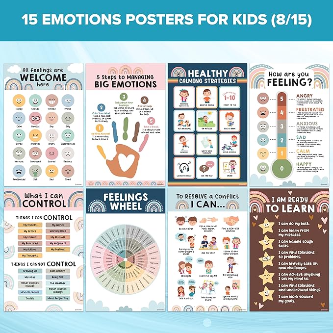 Decorably 15 Social Emotions Poster for Classroom, 11x17in Educational, Matte-Laminated Chart for Kids - School Hallways, Bulletin Boards, Home Study Room