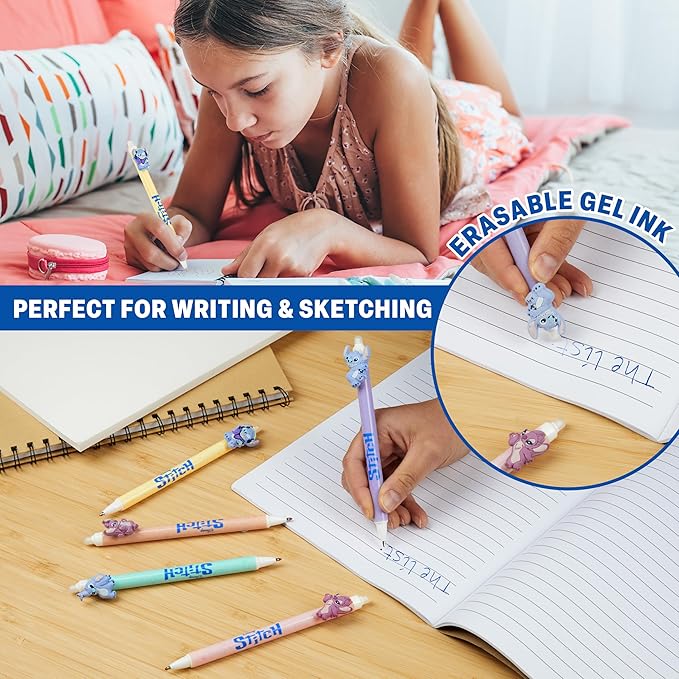 Get Trend Disney Stitch 5pcs Erasable Gel Ink Pens and Angel Cute Writing Pens for Kids Fun Stationery Set Kawaii Journaling Supplies Cool Pen Gifts for Kids (Stitch & Angel)