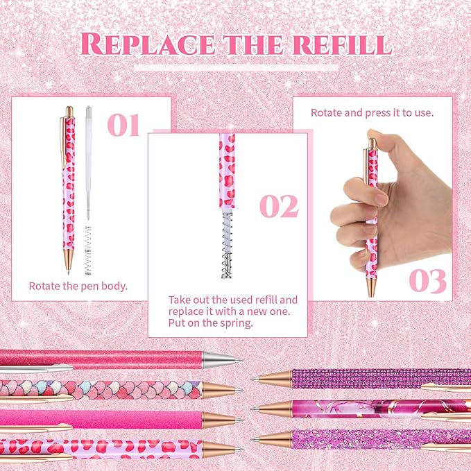 Sherr 7 Pcs Fancy Pens for Women Cute Sparkly Glitter Pens with 10 Pcs Black Ink Refills Pretty Gifts for Girls Office School Christmas Graduation(Lovely)