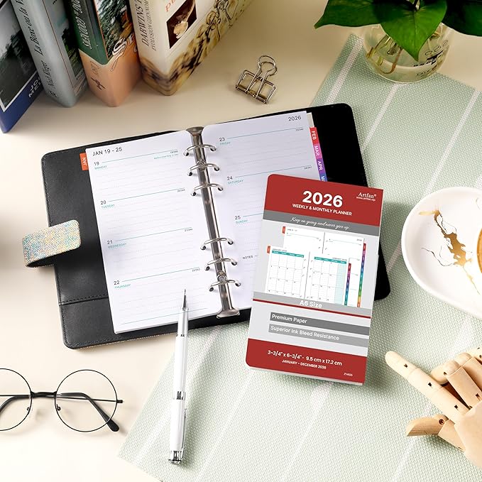 2026 Planner Refills - Planner Refills 2026 from JAN 2026 to DEC 2026, Weekly and Monthly Calendar, 3.75 x 6.75 inch, 6 Holes, A6 Size - Red