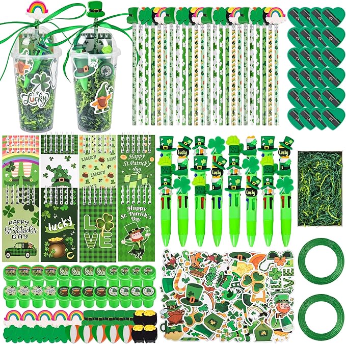 LiYiQ 247 Pcs St Patrick's Day Party Favors Return Gifts for Party, Student Stationery Gifts from Teacher, Pencil Erasers Notebooks Stickers for Classroom Birthday Goodie Bags Rewards Prizes