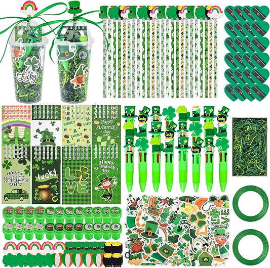 LiYiQ 247 Pcs St Patrick's Day Party Favors Return Gifts for Party, Student Stationery Gifts from Teacher, Pencil Erasers Notebooks Stickers for Classroom Birthday Goodie Bags Rewards Prizes