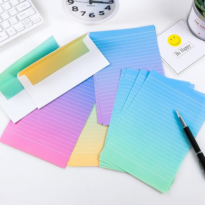 Stationery Paper and Envelope Set, 32 Stationery Paper for Writing Letters and 16 Matching Envelopes, Watercolor Writing Papers with Lines,4 Different Style(8.3x5.6)
