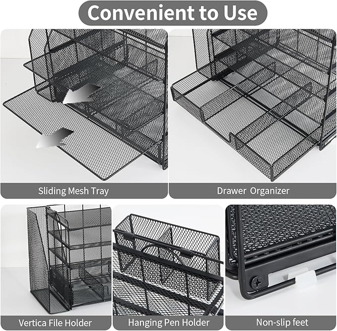 Youbetia Paper Tray Organizer with Mesh File Holder, 5 Tier Desk Accessories & Workspace Desk Organizers with Pen Holder, Office Desk Accessories Desktop Organization for Office Supplies (Black)