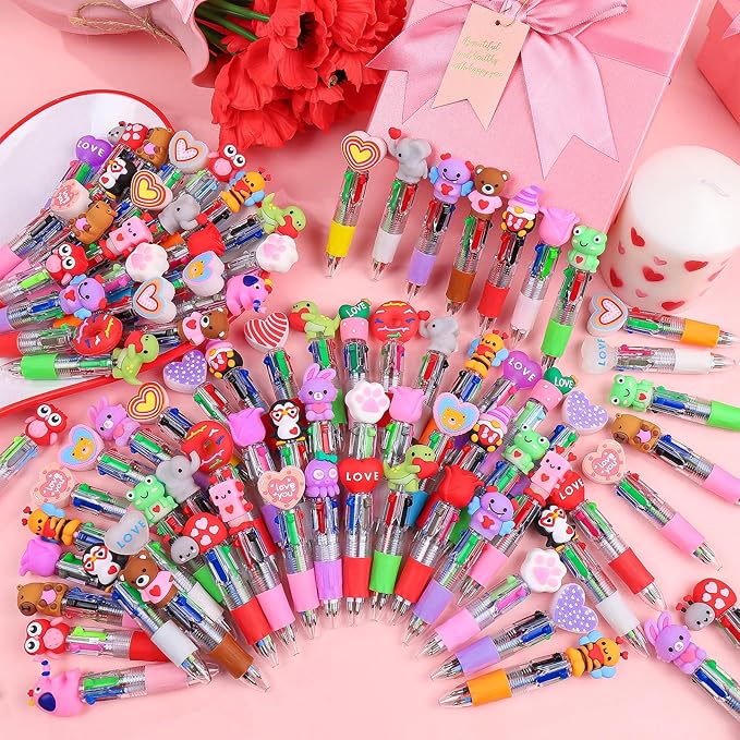 CZWZ 120Pcs Mini Multicolor Pen in One 4-in-1 Cute Pens Bulk, Ballpoint Pens for Birthdays and Parties, Fun Pens Gifts Assorted Ink Kawaii Pen(Valentine)
