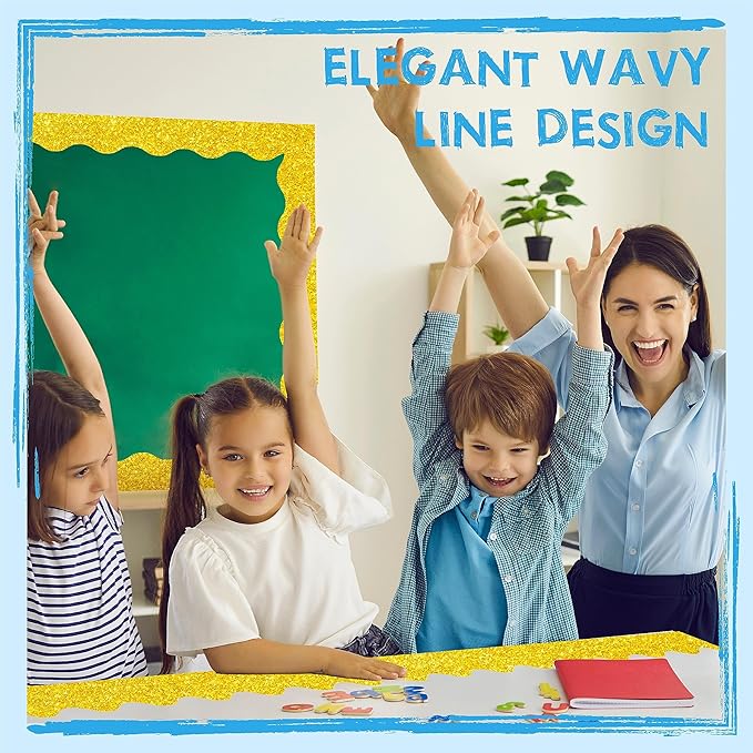 60 Feet Bulletin Board Borders, Golden Glitter Rolled Border Trim Scalloped Board Border with Wavy Line Design Decoration for School, Classroom & Office