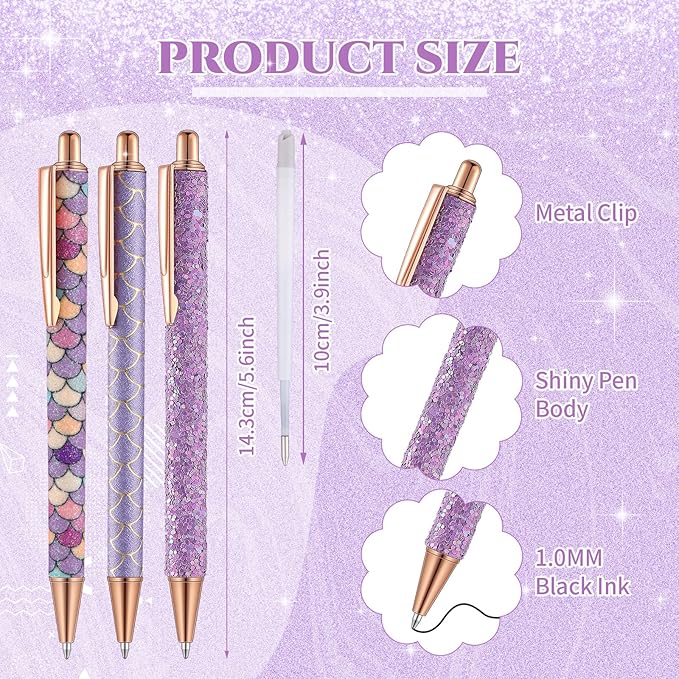 Sherr 7 Pcs Fancy Pens for Women Cute Sparkly Glitter Pens with 10 Pcs Black Ink Refills Pretty Gifts for Girls Office School Christmas Graduation(Stylish)