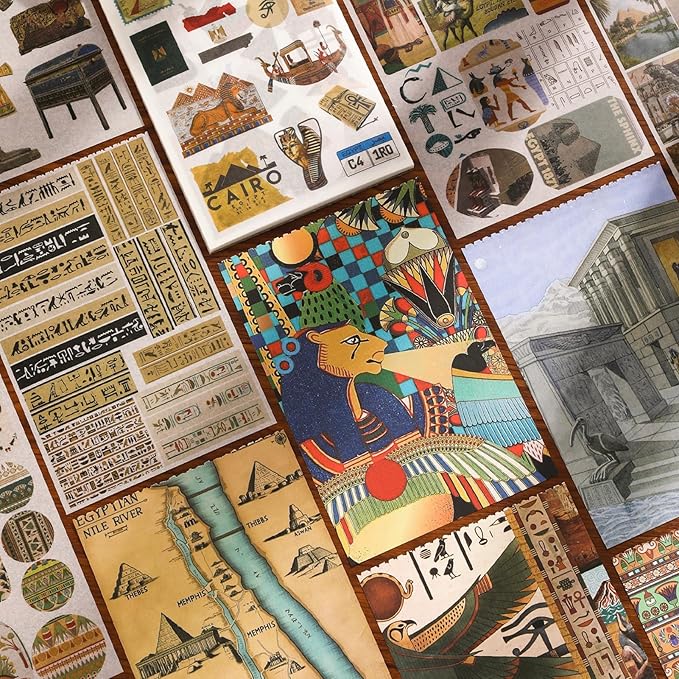 Pre-Cut Vintage Stickers for Journaling, 500+ Scrapbook Stickers and 20 A5 Scrapbook Papers, Retro Egypt Theme Aesthetic Washi Sticker Book for Adults, Ephemera for Junk Journal Supplies DIY Crafts