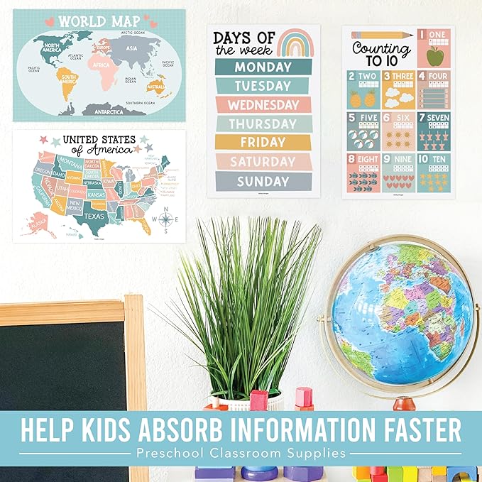 Hadley Designs 16 Educational Posters for Classroom Decor - Learning Posters for Toddlers 1-3, Alphabet for Classroom Wall, Daycare Essentials, Homeschool Posters Preschool, Boho Playroom Decor