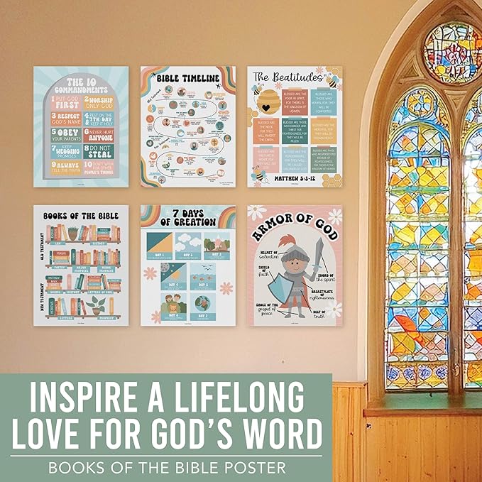 Hadley Designs Sunday School Decorations for Classroom – 9 Bible Posters for Kids, 11x14in Books of the Bible Poster, 10 Commandments, Fruits of the Spirit & More – Retro Christian Classroom Decor
