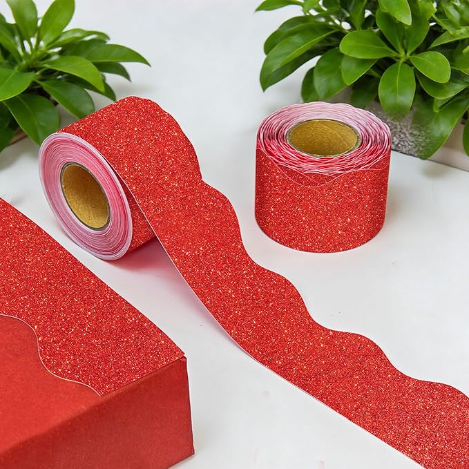 131 Ft Red Glitter Bulletin Board Borders Red Scalloped Bulletin Board Trims Shiny Decorative Border Trims Sparkle Self-Adhesive Border Stickers for Classroom School Home Office Blackboard Desk